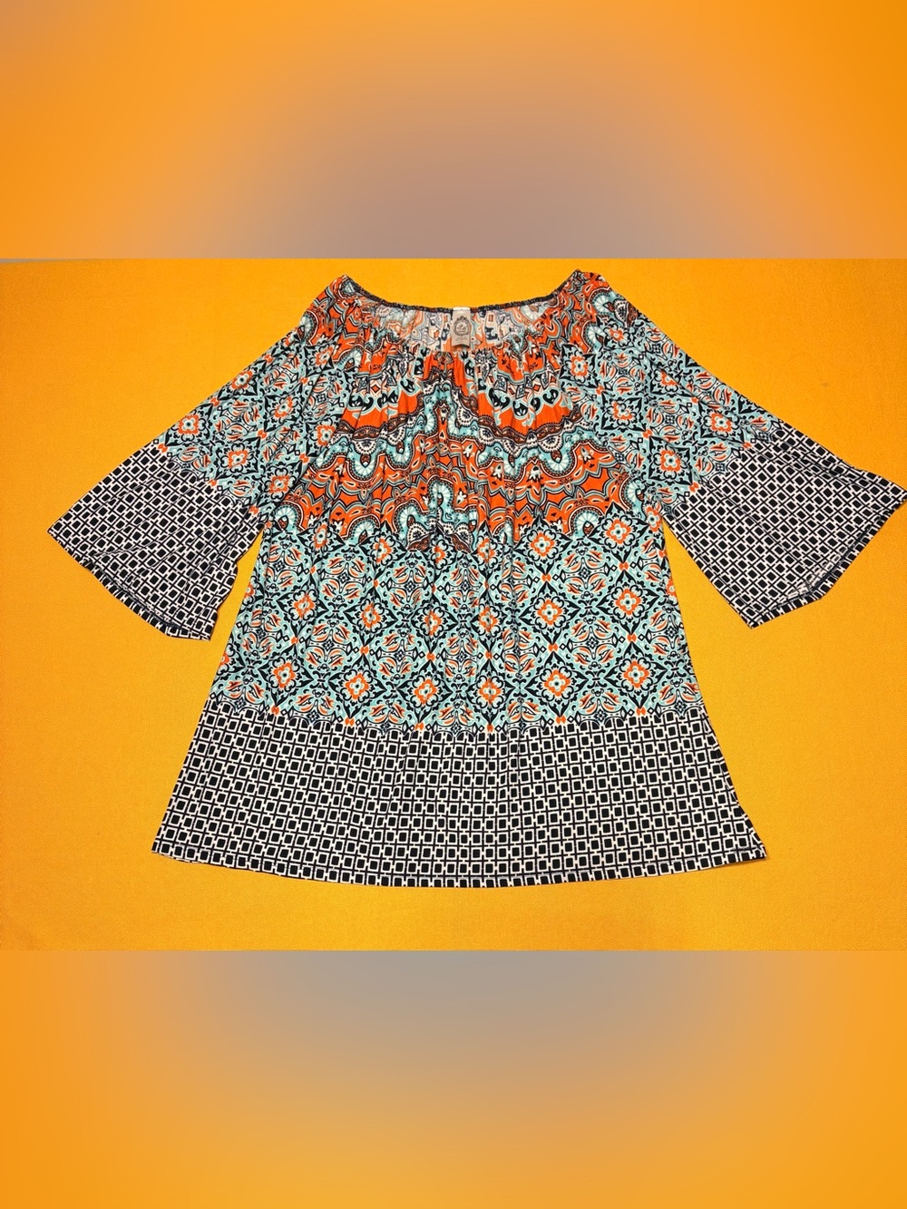 2B Together Turquoise Orange and Black Printed Boho Tunic
